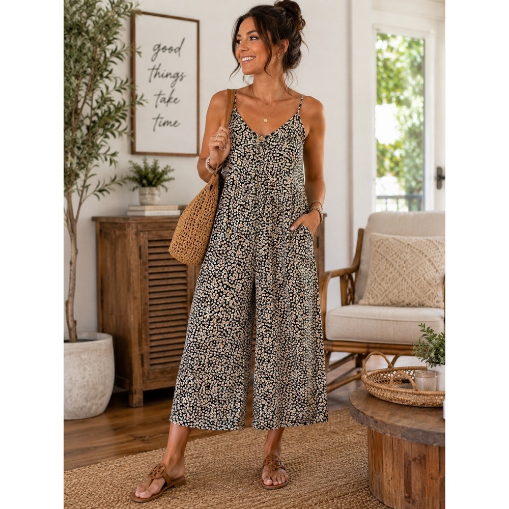 Buenos Ninos Womens XL Floral Cropped Jumpsuit Wide Leg Boho Romper Pockets Chic